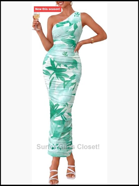 Dresses & Skirts - One Shoulder Ruched Maxi Bodycon Dress Mesh Sleeveless